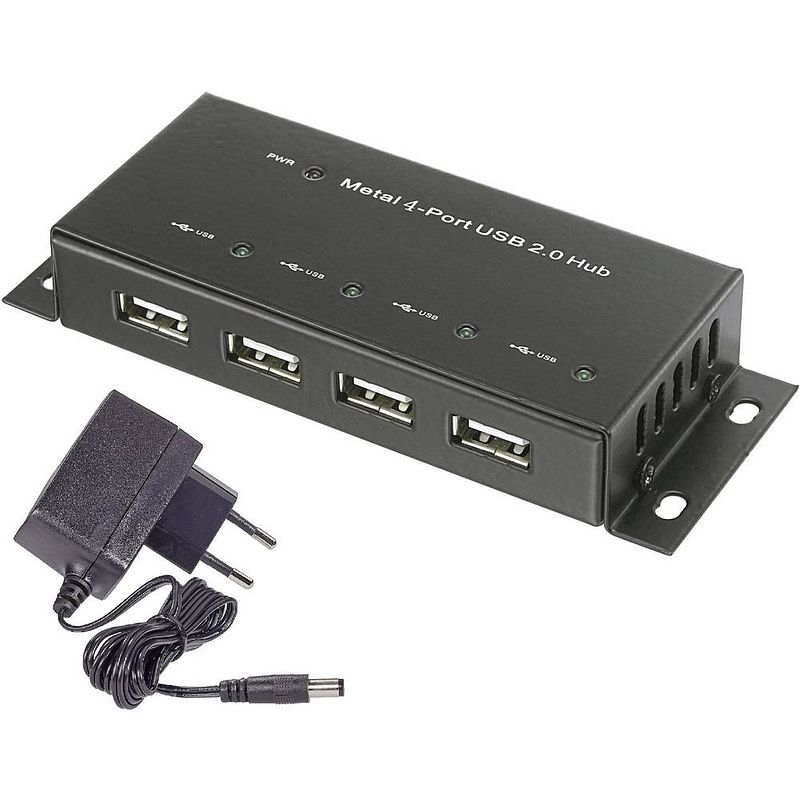 Foto van Renkforce renkforce 4 poorten usb 2.0-hub met metalen behuizing, voor wandmontage zwart