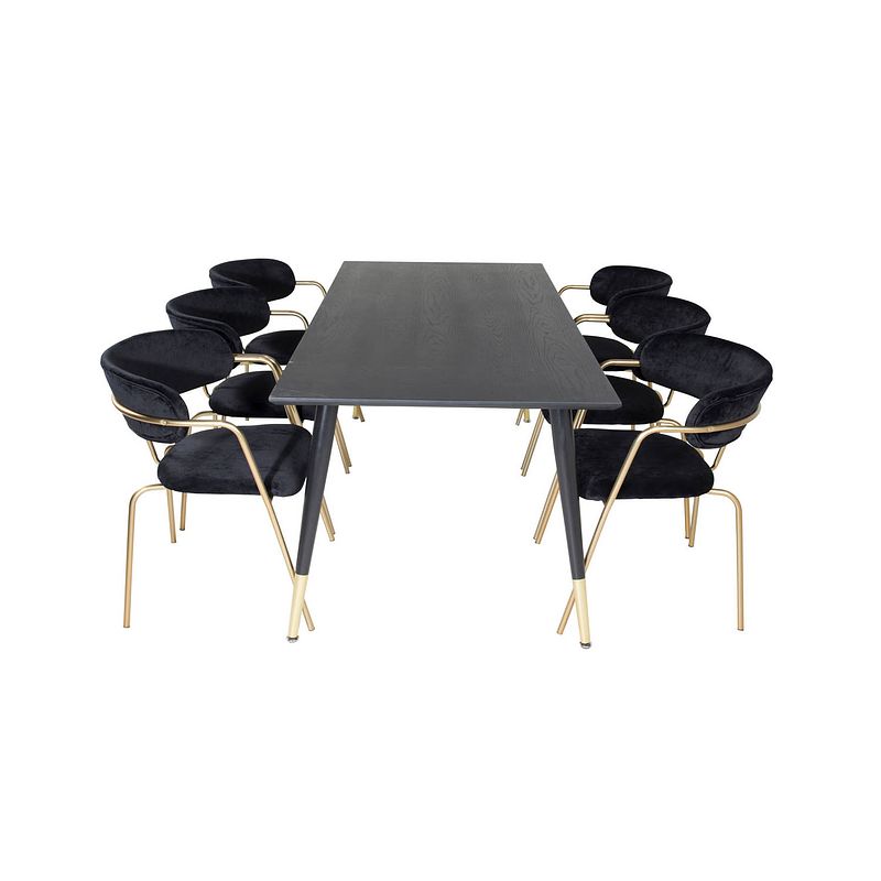 Foto van Dipp180x90blbr eethoek eetkamertafel zwart en 6 arrow eetkamerstal velours zwart.