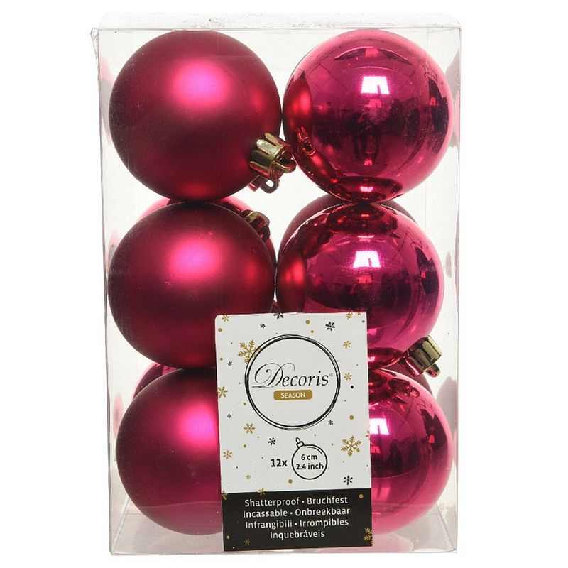 Foto van 12x kunststof kerstballen glanzend/mat bessen roze 6 cm kerstboom versiering/decoratie - kerstbal