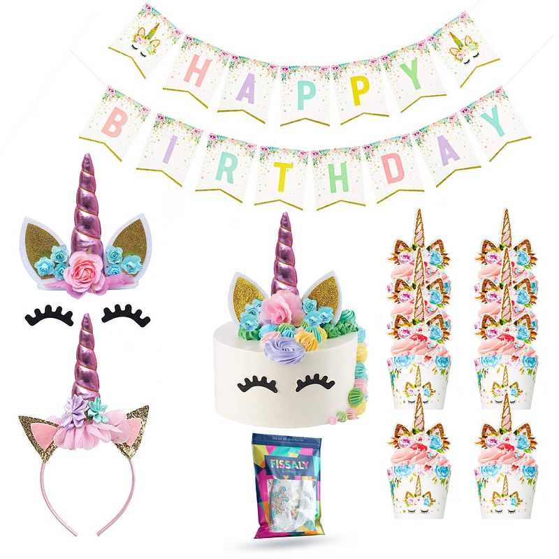 Foto van Fissaly® 53 stuks roze eenhoorn verjaardag decoratie versiering - unicorn topper set - kinderfeest - feest