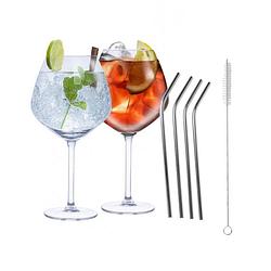 Foto van Set van 4x gin tonic cocktailglazen met 4x rietjes rvs - cocktailglazen