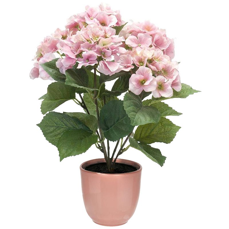 Foto van Hortensia kunstplant/kunstbloemen 40 cm - roze - in pot lichtroze glans - kunstplanten