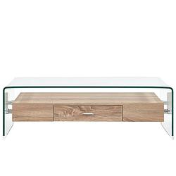 Foto van The living store salontafel - transparant en eiken - 98 x 45 x 31 cm - gehard veiligheidsglas - met schap en lade