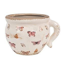 Foto van Clayre & eef bloempot binnen 17x14x12 cm beige roze keramiek vlinders plantenpot beige plantenpot