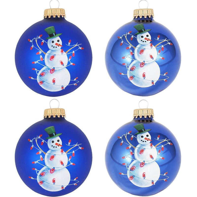 Foto van 4x stuks luxe glazen kerstballen 7 cm blauw met sneeuwpop - kerstbal