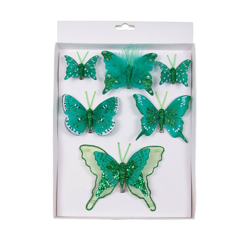 Foto van 6x stuks decoratie vlinders op clip groen 5, 8 en 12 cm - kersthangers