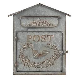 Foto van Haes deco - brievenbus vintage grijs metaal met vogeltje en tekst ""post"", formaat 31x12x36 cm
