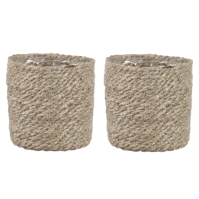 Foto van 2x stuks naturel rotan planten pot mand van gedraaid jute/riet h12 en d12 cm - plantenpotten