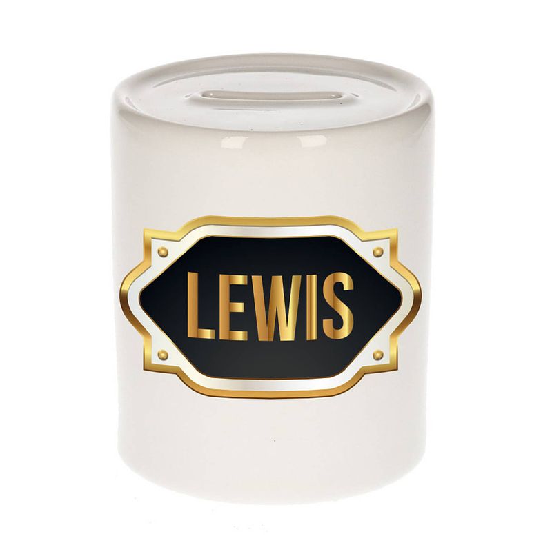 Foto van Naam cadeau spaarpot lewis met gouden embleem - naam spaarpotten