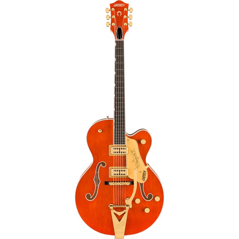 Foto van Gretsch professional collection nashville hollow body eb orange stain met g6241 deluxe hardshell case