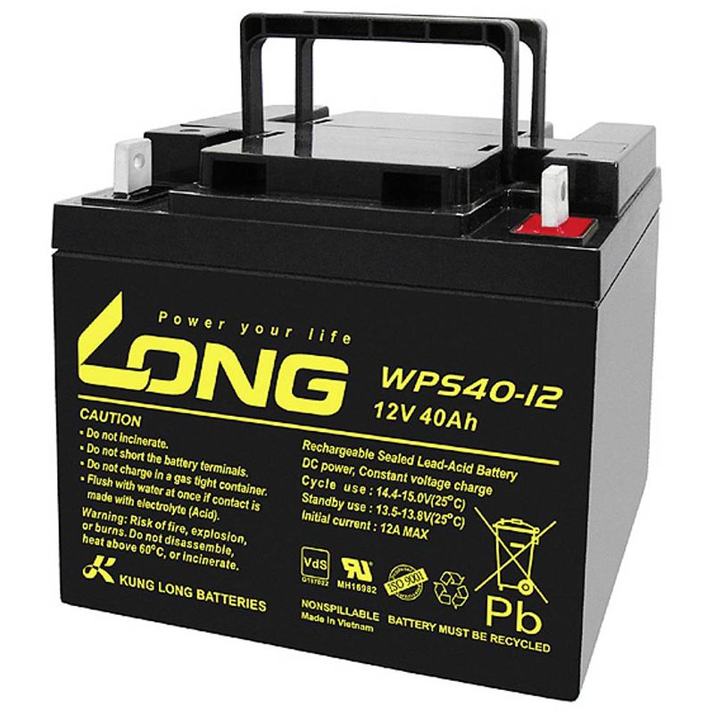 Foto van Long wps40-12 loodaccu 12 v 40 ah loodvlies (agm) (b x h x d) 199 x 171 x 166 mm m6-schroefaansluiting vds-certificering, geringe zelfontlading, onderhoudsvrij