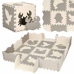 Foto van Speelmat speelmat foam puzzelmat figuren dieren 9 puzzelstukken 120 x 120 cm crème/grijs