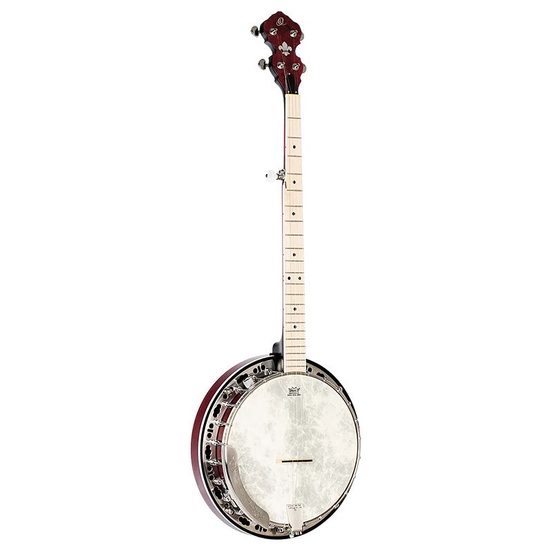 Foto van Ortega falcon series 5-string banjo transparent fire red elektrisch-akoestische banjo met gigbag