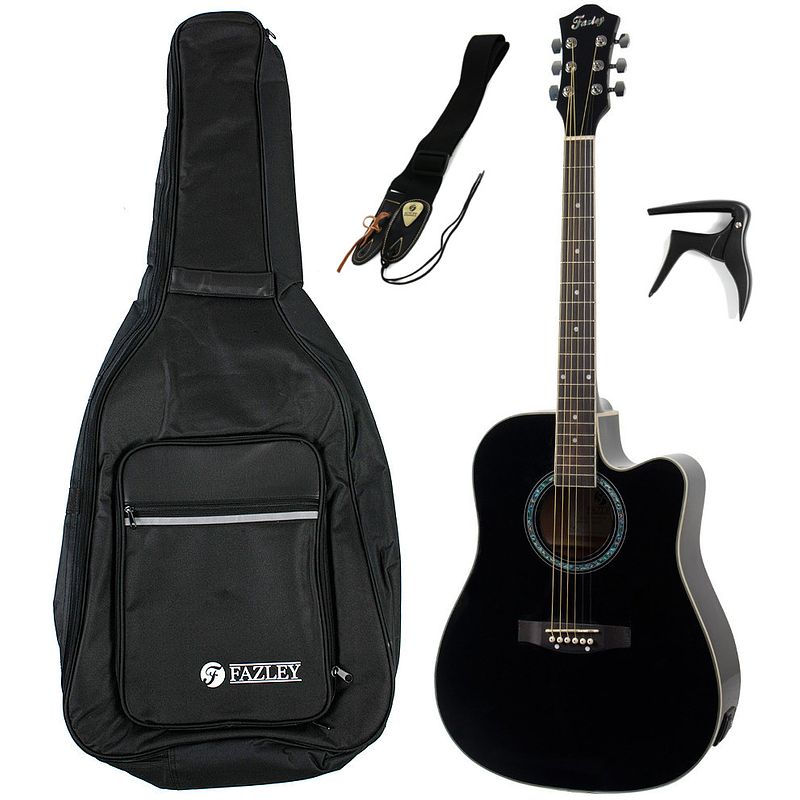 Foto van Fazley fe118cbk elektrisch akoestische westerngitaar + gigbag + strap + capo