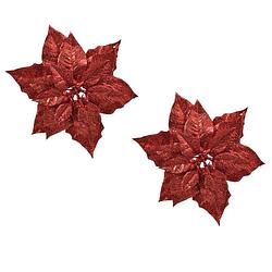 Foto van 2x stuks decoratie bloemen kerstster rood glitter op clip 23 cm - kersthangers