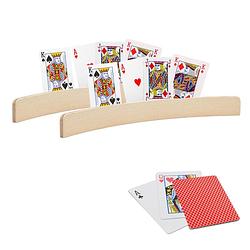 Foto van 2x stuks speelkaarthouders hout 35 cm inclusief 54 speelkaarten rood - speelkaarthouders