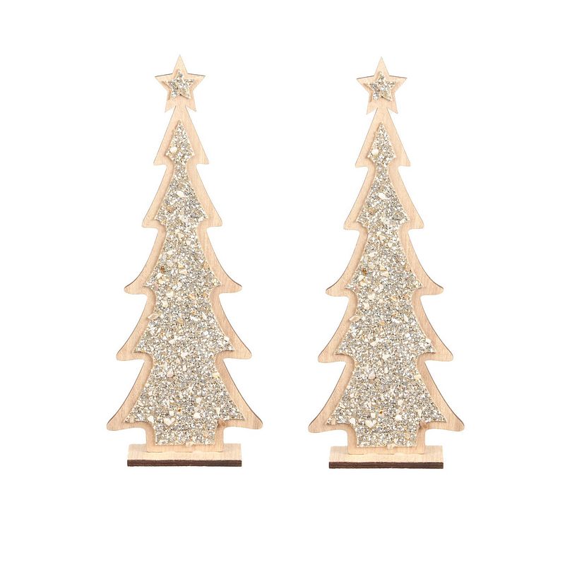 Foto van 2x stuks kerstdecoratie houten kerstboom glitter zilver 35,5 cm decoratie kerstbomen - kunstkerstboom