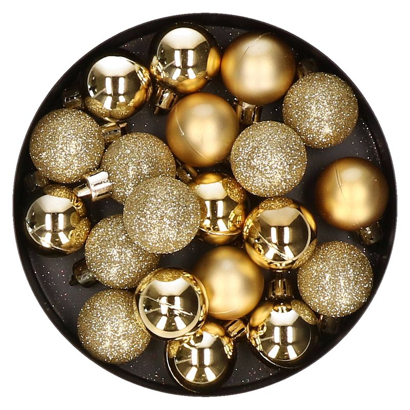 Foto van 20x stuks kleine kunststof kerstballen goud 3 cm mat/glans/glitter - kerstbal