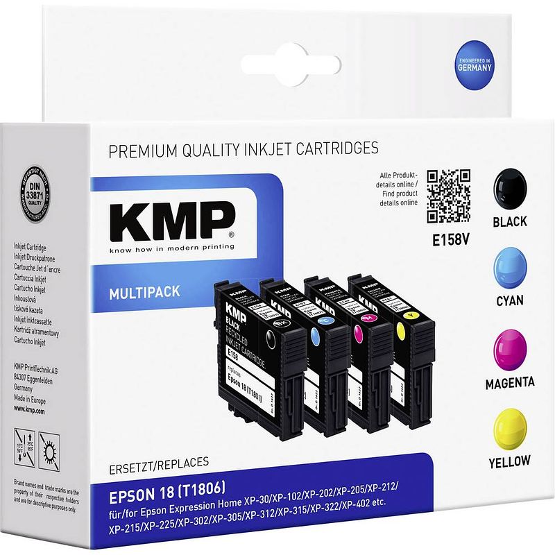 Foto van Kmp inkt vervangt epson t1801, t1802, t1803, t1804, 18 compatibel combipack zwart, cyaan, magenta, geel e158v 1622,4850