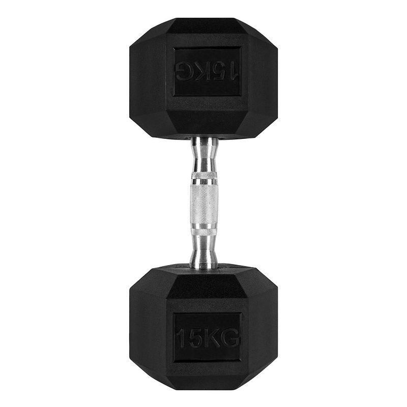 Foto van Ryzor hexagon dumbbell - 15 kg - rubber - zwart