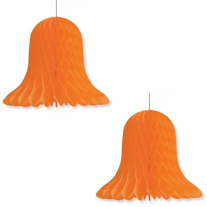 Foto van 2x kerstdecoratie klokken oranje 20 cm - hangdecoratie