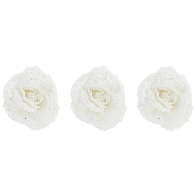 Foto van 4x stuks decoratie bloemen roos wit glitter op clip 18 cm - kersthangers