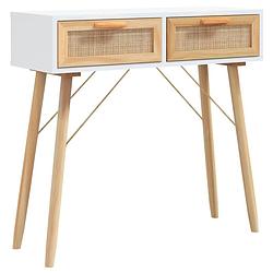 Foto van The living store wandtafel scandinavisch - 80 x 30 x 75 cm - wit hout - rattan - 2 lades