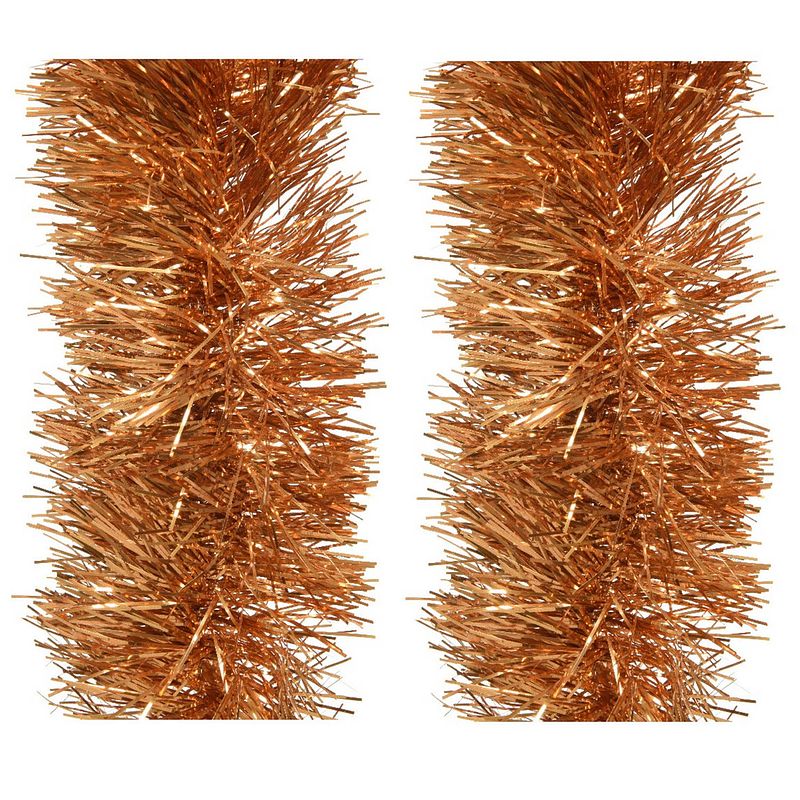 Foto van 2x stuks kerstboom slingers/lametta guirlandes cognac bruin (amber) 270 x 10 cm - kerstslingers