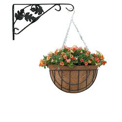 Foto van Hanging basket met muurhaak sierblad groen en kokos inlegvel - metaal - complete hanging basket set - plantenbakken