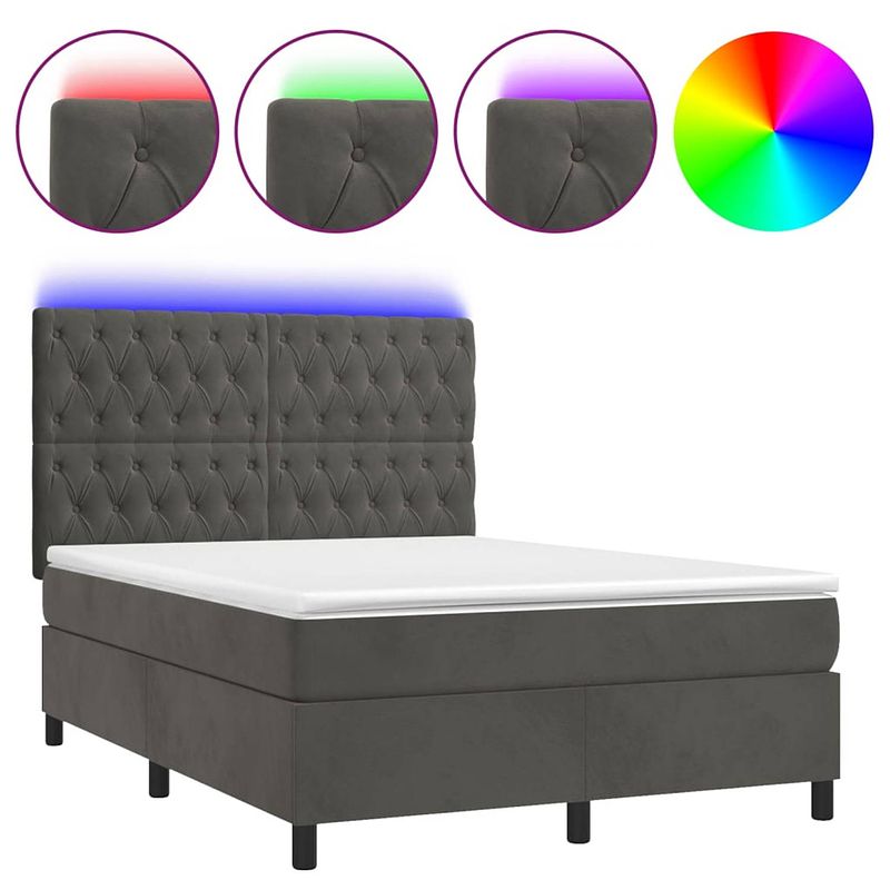 Foto van The living store boxspring bed - donkergrijs fluweel - 193x144x118/128 cm - verstelbaar hoofdbord - led-verlichting -