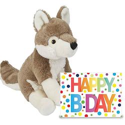 Foto van Knuffel wolf 23 cm cadeau sturen met xl happy birthday wenskaart - knuffeldier