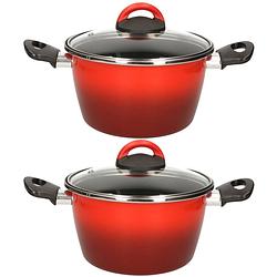 Foto van Set van 2x stuks rvs rode kookpan/pan met glazen deksel 20 cm 6 liter - kookpannen