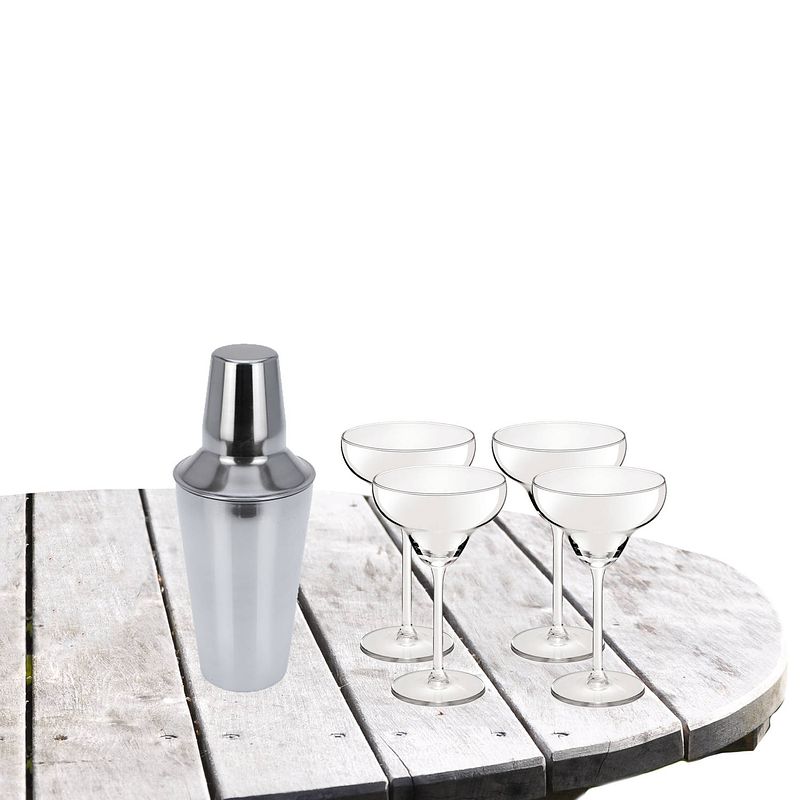 Foto van Cocktailshaker met 4x cocktailglazen margarita transparant 300 ml - cocktailglazen