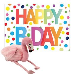 Foto van Pluche dieren knuffel flamingo 20 cm met happy birthday wenskaart - vogel knuffels