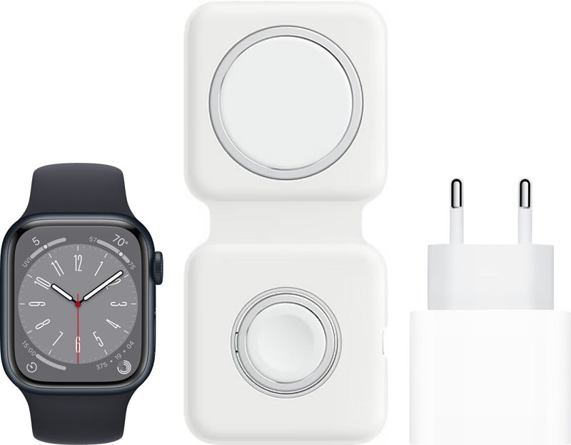 Foto van Apple watch series 8 45mm midnight aluminium midnight sportband + magsafe oplaadpakket