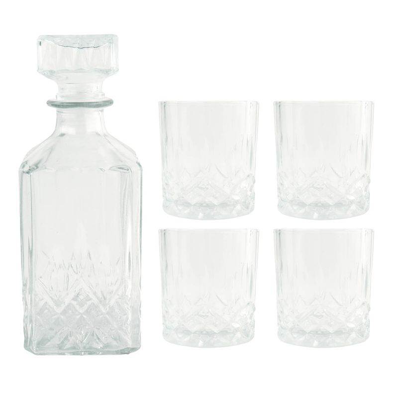 Foto van Orange85 whiskey karaf - 4 glazen - 5- delig - transparant - 900/230 ml - glas - set