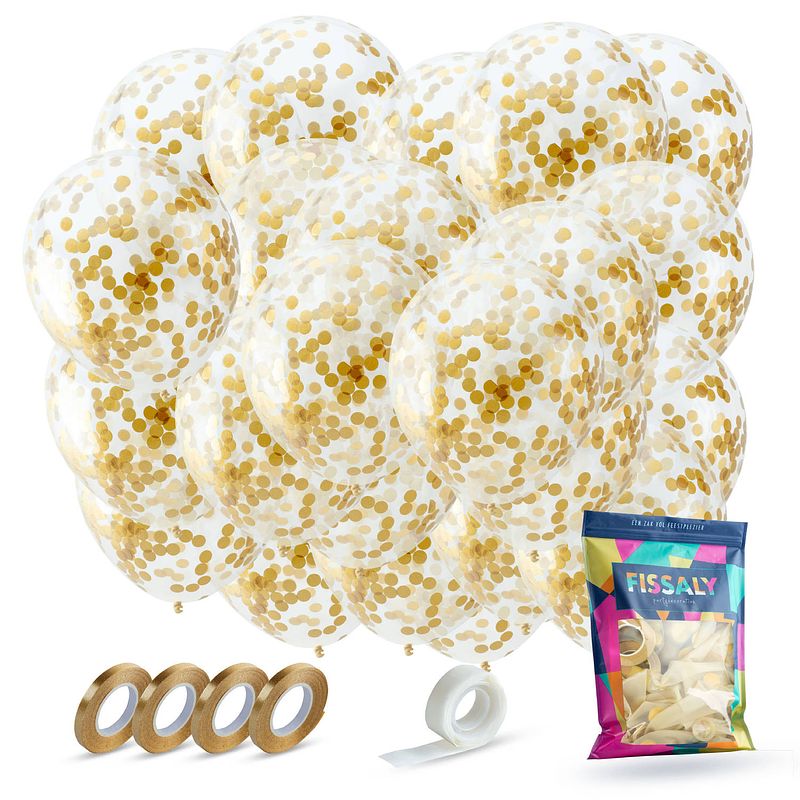 Foto van Fissaly® 40 stuks luxe gouden papieren confetti helium ballonnen met lint - decoratie - feest versiering - latex