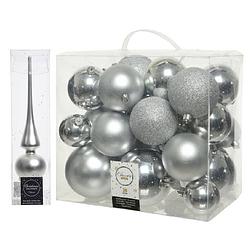 Foto van Kerstversiering kunststof kerstballen met piek zilver 6-8-10 cm pakket van 27x stuks - kerstbal