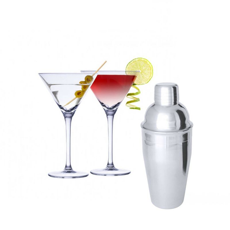 Foto van Set van 4x martini cocktailglazen met cocktailshaker semi-mat rvs - cocktailglazen