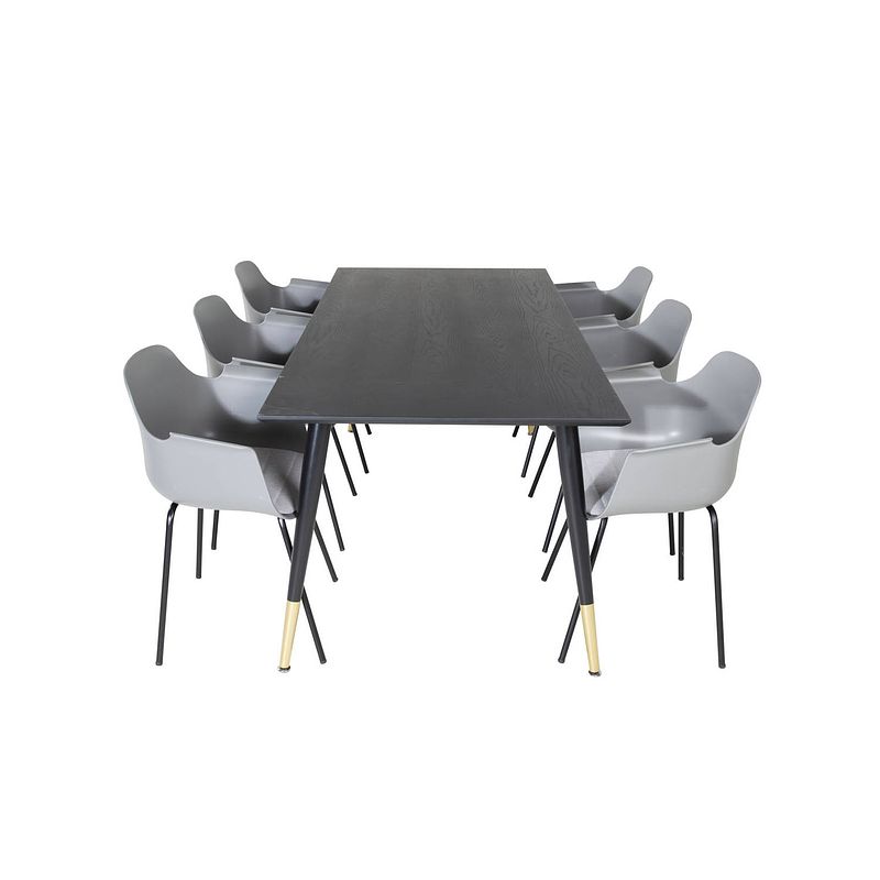 Foto van Dipp180x90blbr eethoek eetkamertafel zwart en 6 comfort eetkamerstal grijs.