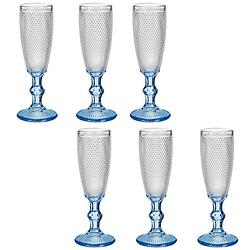 Foto van Luxe monaco serie champagneglazen set 12x stuks op blauwe voet 180 ml - champagneglazen