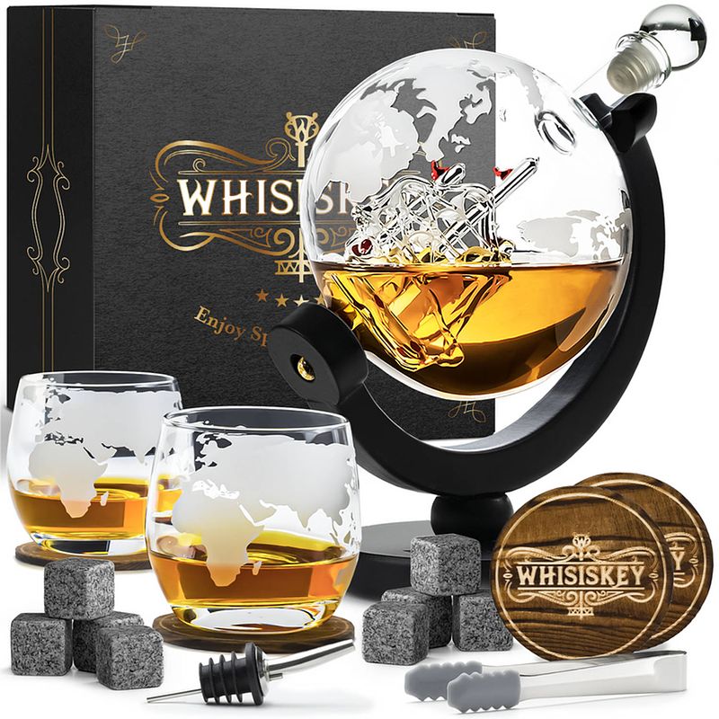 Foto van Whisiskey whiskey karaf - wereldbol - luxe whisky karaf set - 0,9 l - decanteer karaf - whiskey set