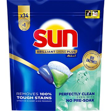 Foto van Sun brilliant shine plus all in 1 vaatwascapsules 34 stuks 510g aanbieding bij jumbo | 2+3 gratis