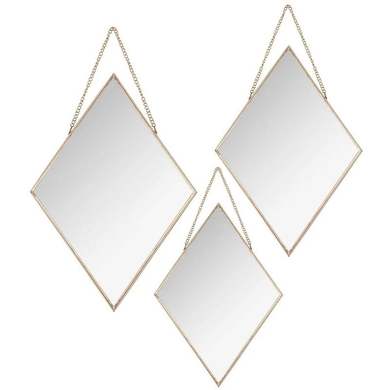 Foto van Set van 3x spiegels/wandspiegels ruit metaal goud met ketting - spiegels