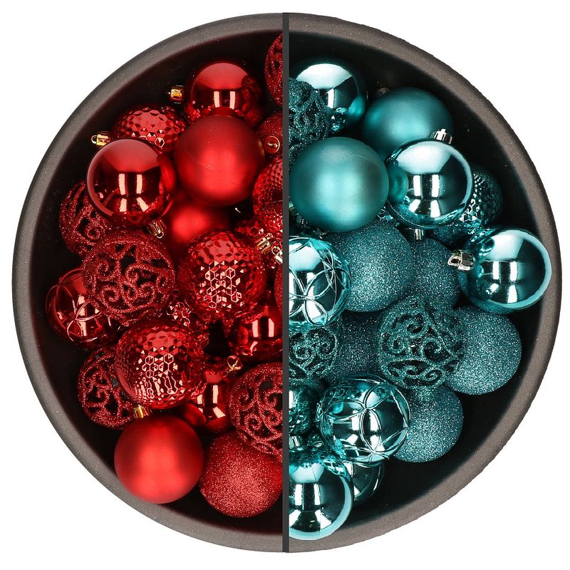 Foto van 74x stuks kunststof kerstballen mix van rood en turquoise blauw 6 cm - kerstbal