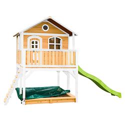 Foto van Axi marc speelhuis op palen, zandbak & limoen groene glijbaan speelhuisje voor de tuin / buiten in bruin & wit van fsc