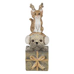 Foto van Clayre & eef kerstdecoratie beeld kat en hond 5*5*13 cm bruin wit kunststof decoratief figuur decoratieve accessoires