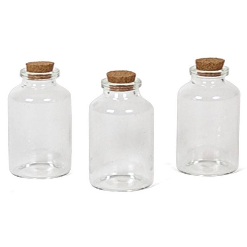 Foto van 3x kleine transparante glazen flesjes met kurken dop 30 ml - traktatie uitdeelflesjes - set mini glazen flesjes met kurk