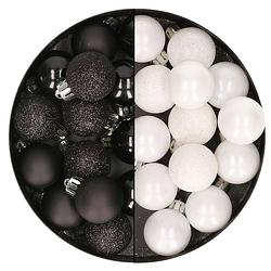 Foto van 28x stuks kleine kunststof kerstballen wit en zwart 3 cm - kerstbal