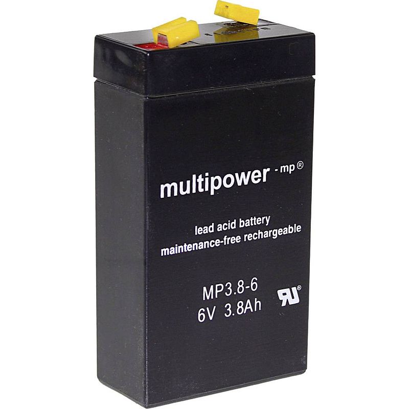 Foto van Multipower mp3,8-6 loodaccu 6 v 3.8 ah loodvlies (agm) (b x h x d) 66 x 126 x 33 mm kabelschoen 4.8 mm onderhoudsvrij, geringe zelfontlading